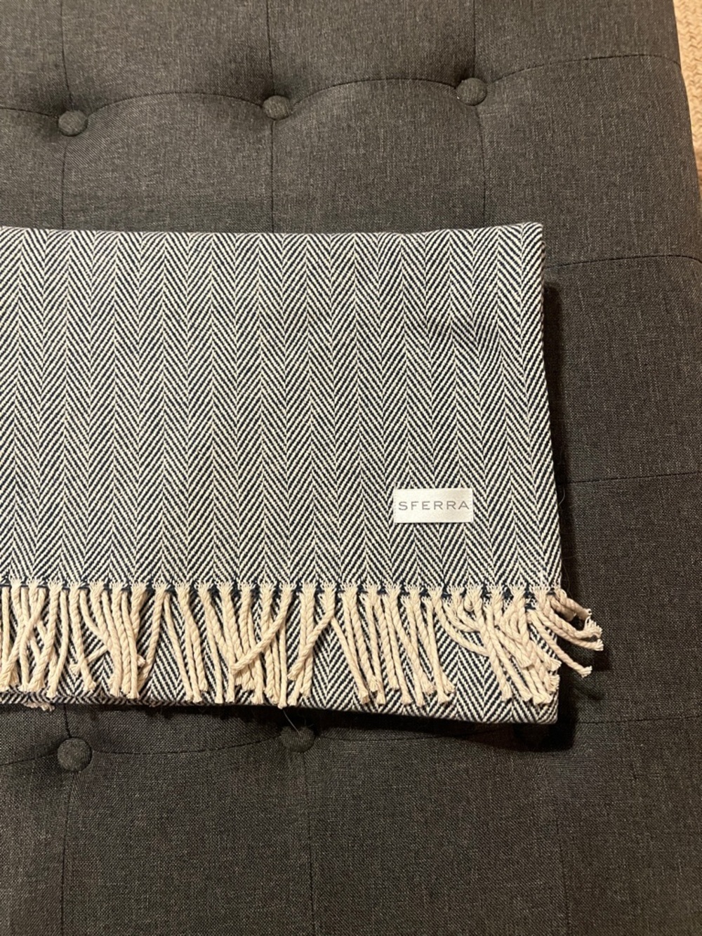 SFERRA Black and Cream Herringbone Throw with Fringe